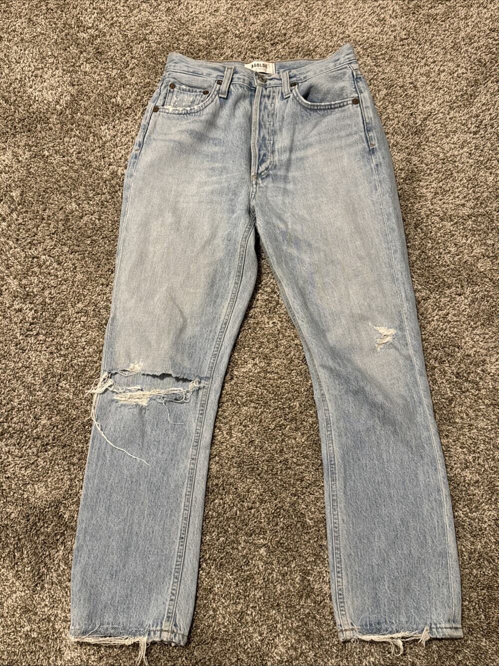 AGOLDE Women's Light Wash Distressed High Rise Straight Button Fly Jeans 24